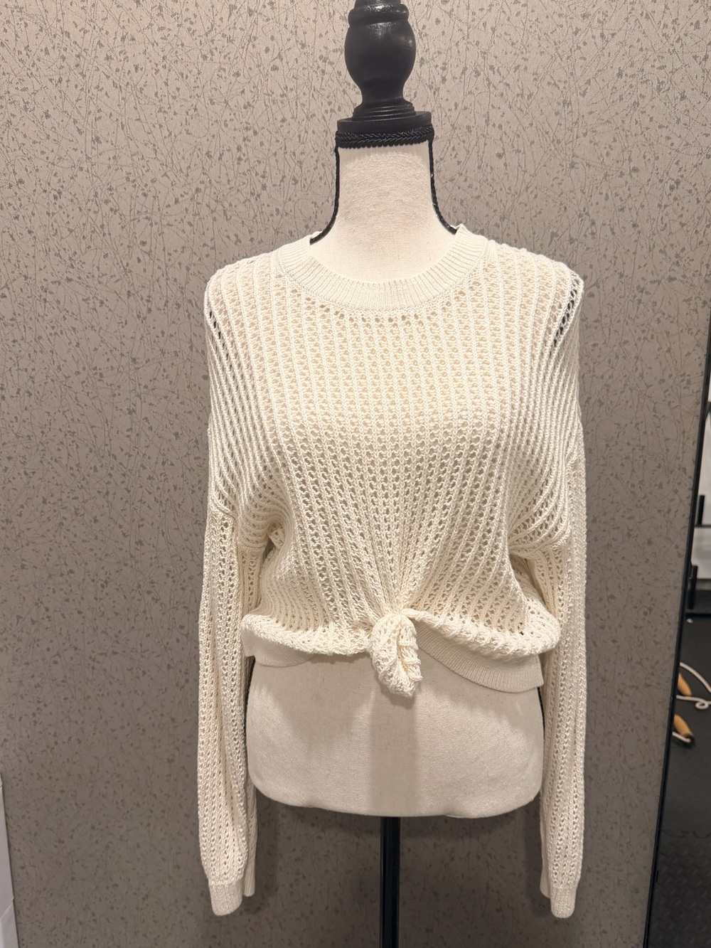 Old Navy Cream Open-Knit Tie-Front Crew Sweater